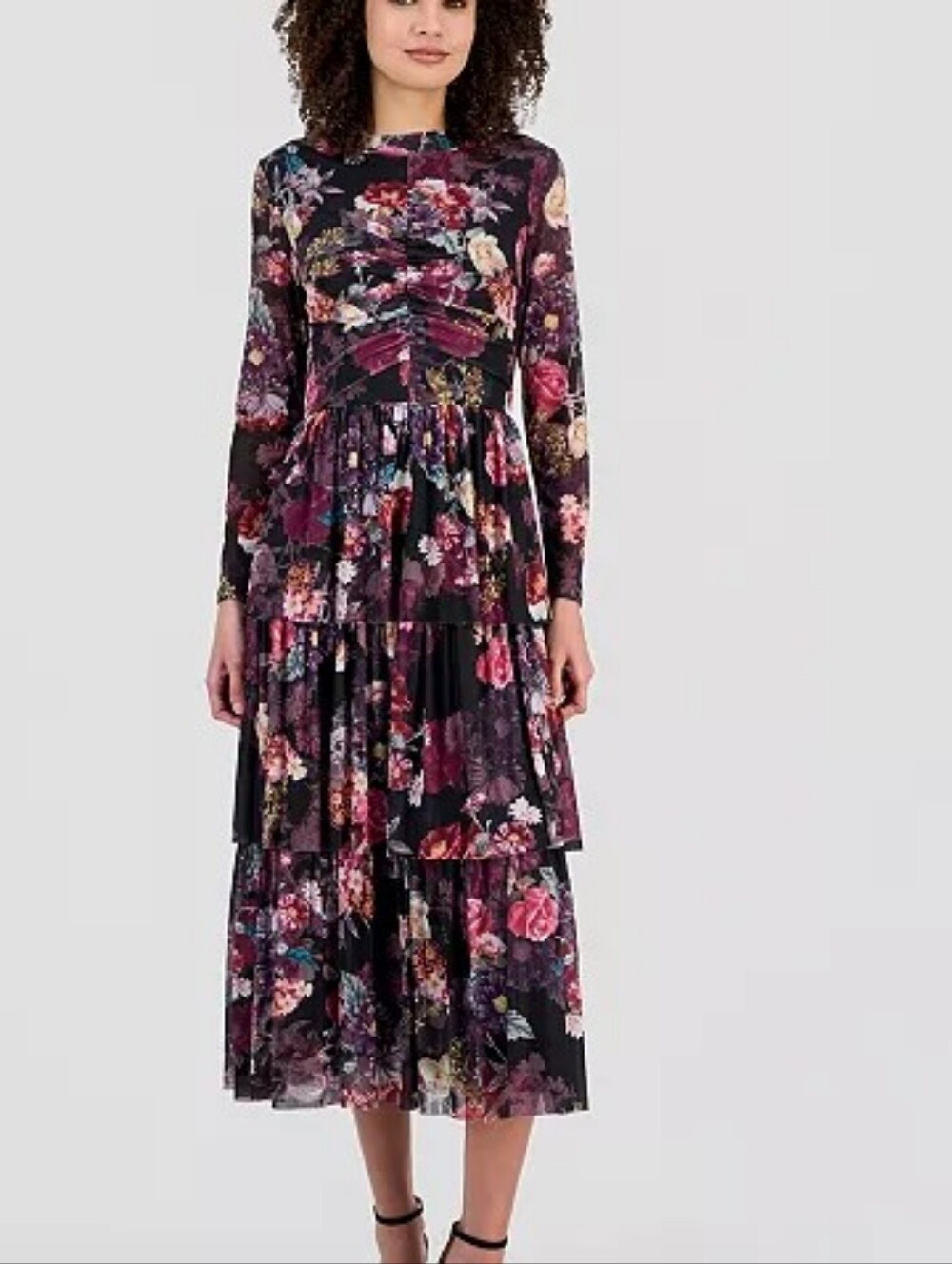 Anne Klein Black Floral Long-Sleeve Tiered Maxi Dress